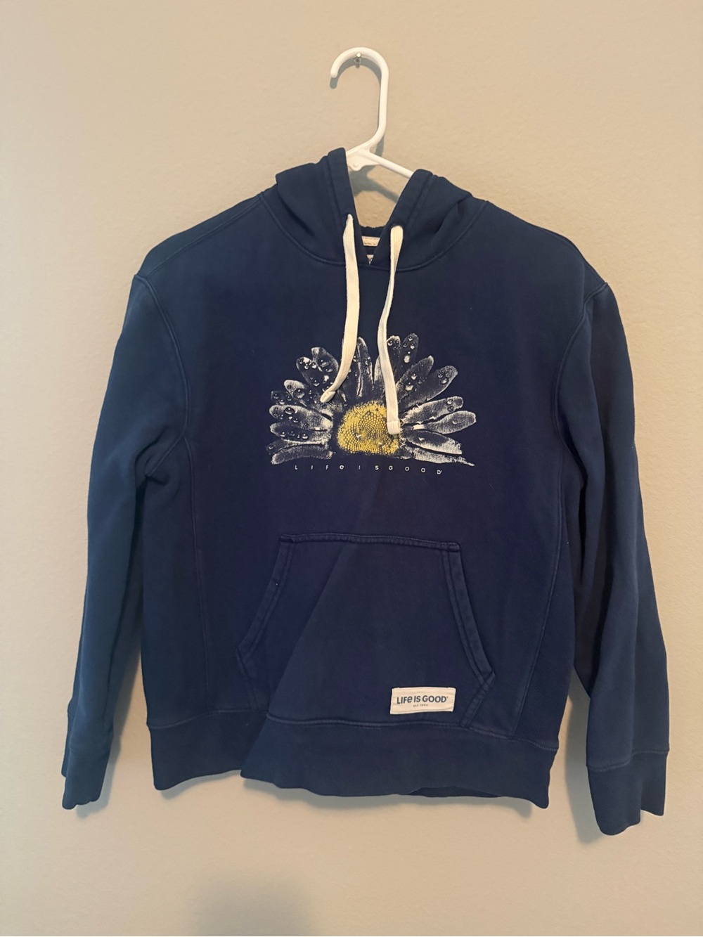 Life Is Good Navy Pullover Hoodie with Cream Drawstrings